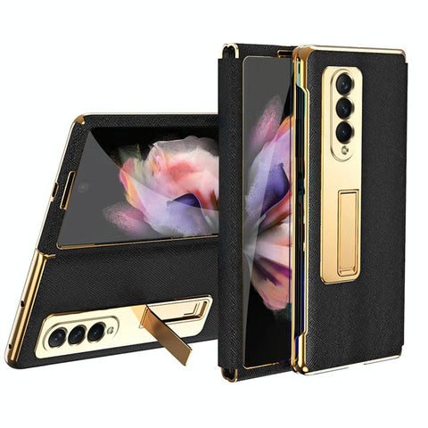 For Samsung Galaxy Z Fold4 5G Flip Case With Tempered Film Textured Hinge Black Cases Covers & Skins
