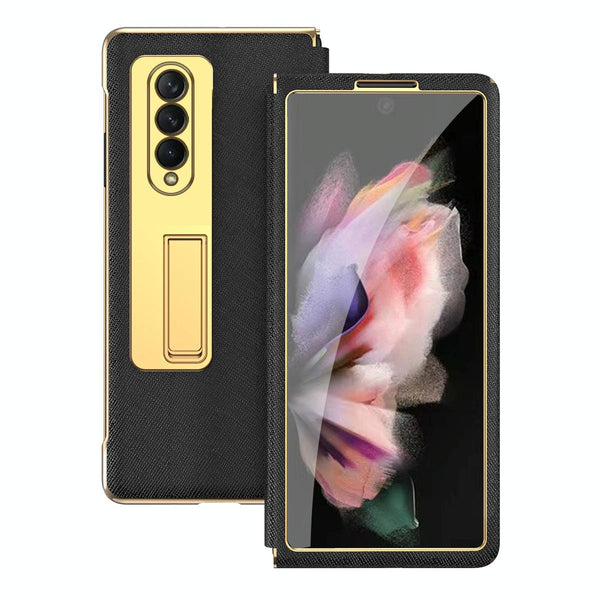 For Samsung Galaxy Z Fold4 5G Flip Case With Tempered Film Textured Hinge Black Cases Covers & Skins