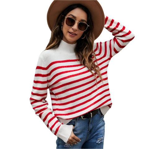 Women Striped Knitwear Loose Stand Up Collar Pullover Sweater Red And White M Coats Jackets & Vests