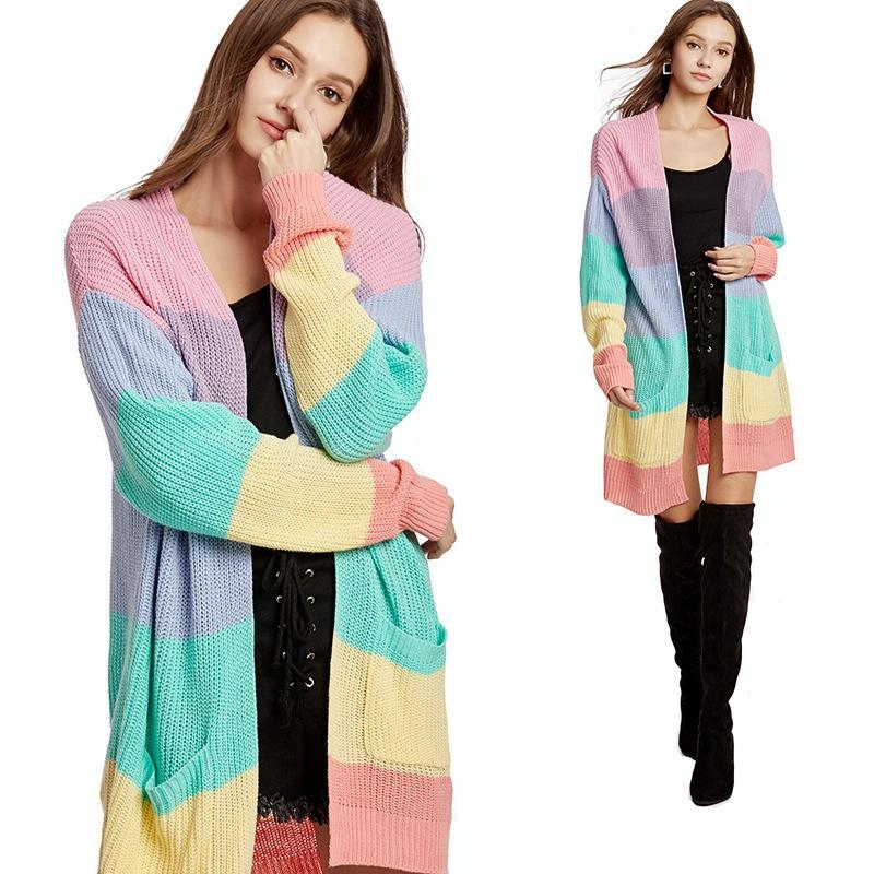 Loose Long Knitted Cardigan Women Sweater Jacket Size Rainbow Stripes Jumpers & Cardigans