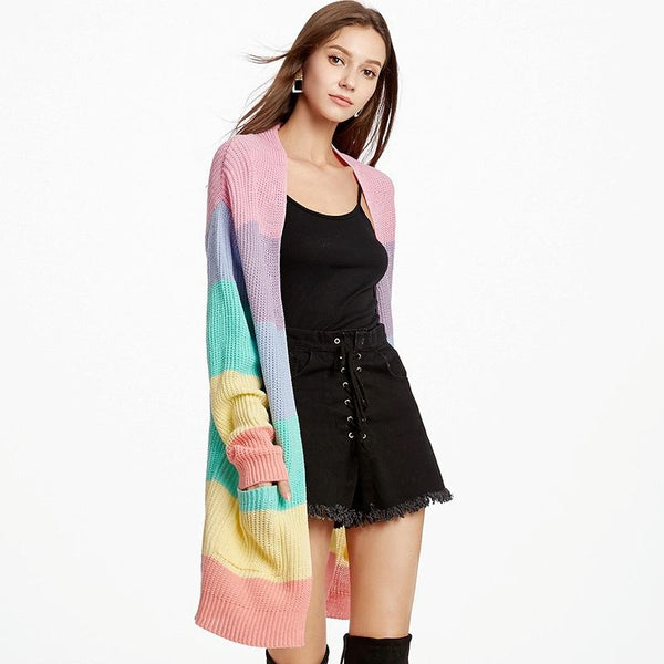 Loose Long Knitted Cardigan Women Sweater Jacket Size Rainbow Stripes Jumpers & Cardigans