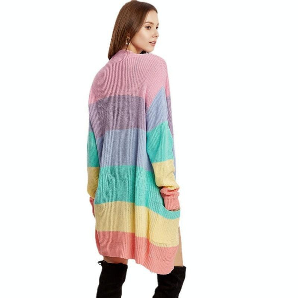 Loose Long Knitted Cardigan Women Sweater Jacket Size Rainbow Stripes Jumpers & Cardigans
