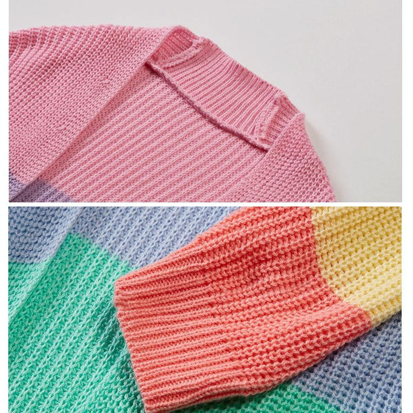 Loose Long Knitted Cardigan Women Sweater Jacket Size Rainbow Stripes Jumpers & Cardigans