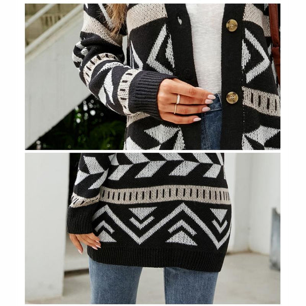 Autumn And Winter Female Diamond Loose Knitted Cardigan Jacquard Medium Length Sweater Jacket Black Jumpers & Cardigans