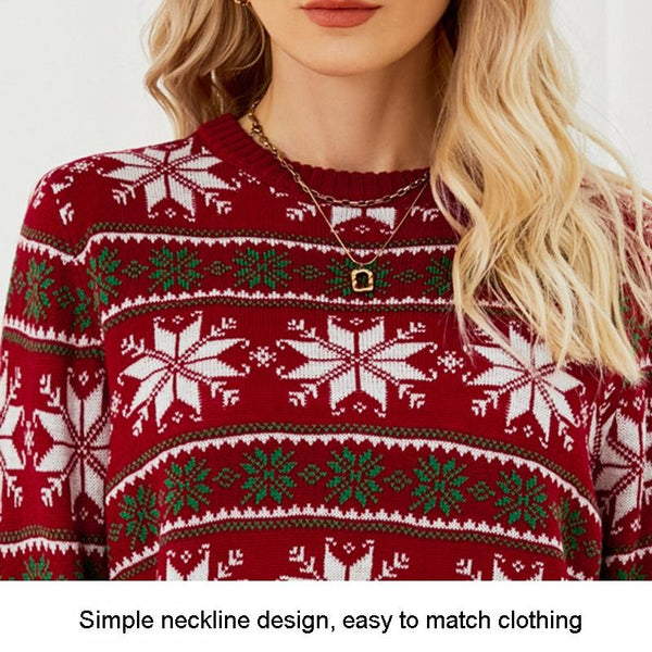 Women Round Neck Christmas Knitwear Long Sleeve Snowflake Sweater Red Xl Jumpers & Cardigans