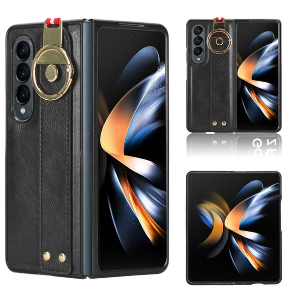 For Samsung Galaxy Z Fold4 5G Leather Wristband Phone Case Back Cover Black Straps & Charms