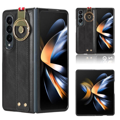 For Samsung Galaxy Z Fold4 5G Leather Wristband Phone Case Back Cover Black Straps & Charms