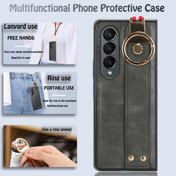 For Samsung Galaxy Z Fold4 5G Leather Wristband Phone Case Back Cover Black Straps & Charms