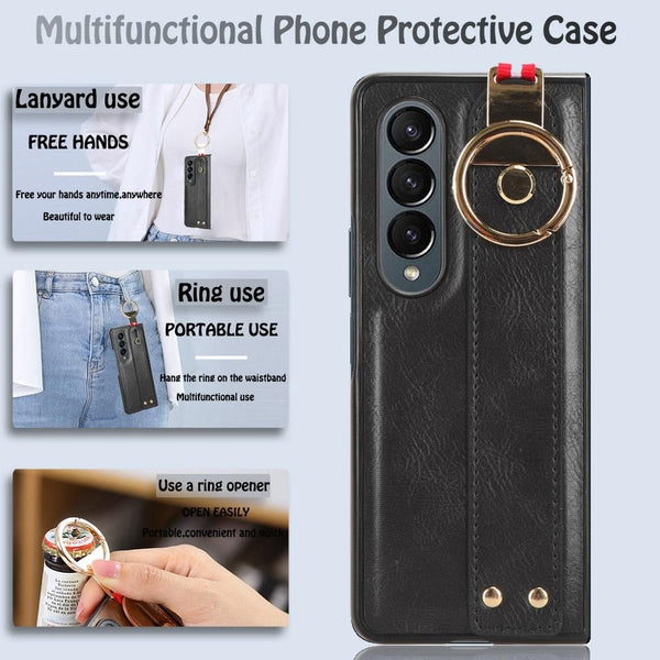 For Samsung Galaxy Z Fold4 5G Leather Wristband Phone Case Back Cover Black Straps & Charms
