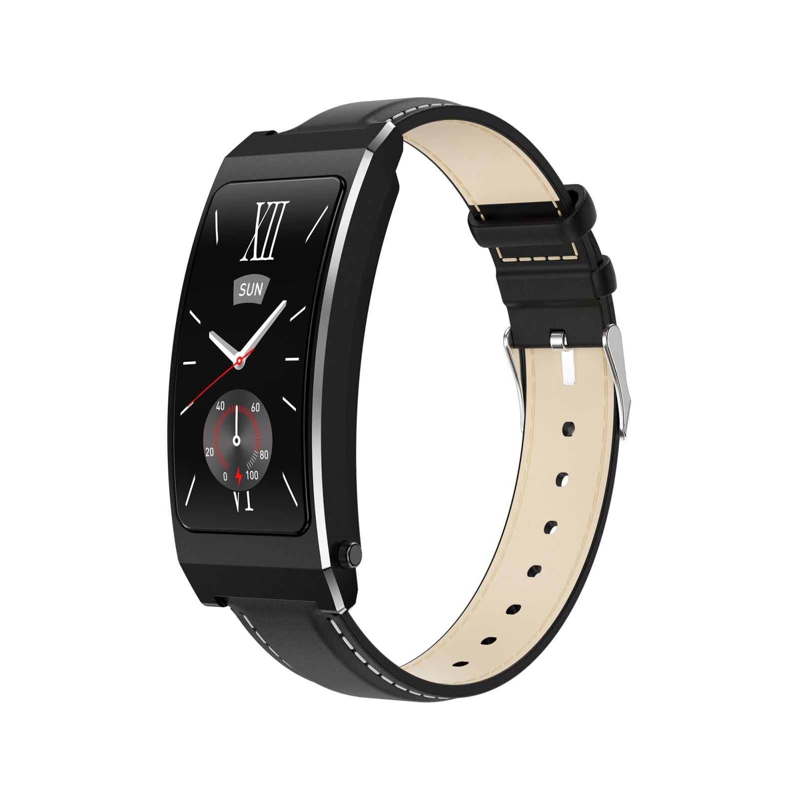 Smart Health Monitoring Bracelet With Bt Call And Leather Strap Black Smart Watches