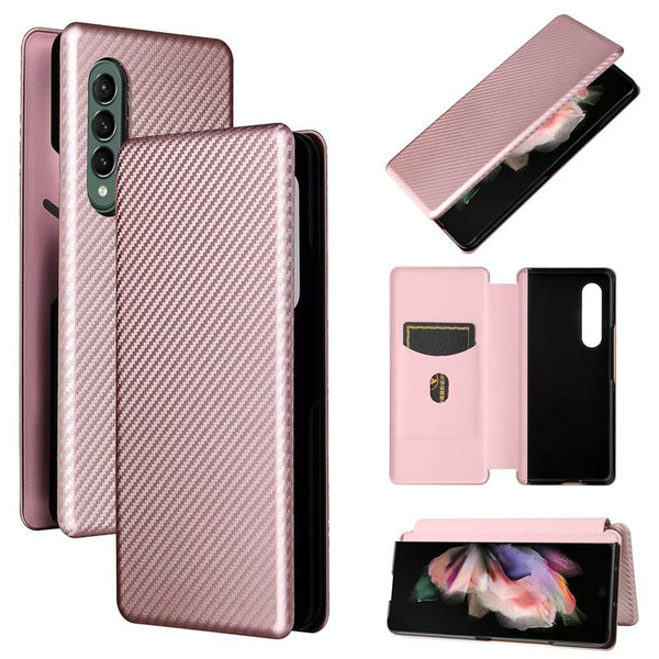 For Samsung Galaxy Z Fold4 5G Carbon Fiber Flip Leather Case Pink Cases Covers & Skins