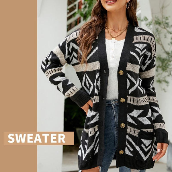 Autumn And Winter Female Diamond Loose Knitted Cardigan Jacquard Medium Length Sweater Jacket Black Xl Jumpers & Cardigans