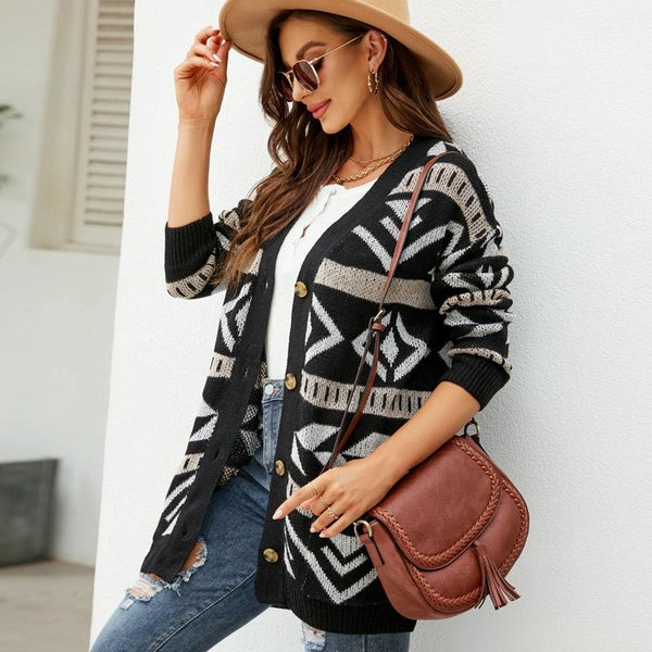 Autumn And Winter Female Diamond Loose Knitted Cardigan Jacquard Medium Length Sweater Jacket Black Xl Jumpers & Cardigans