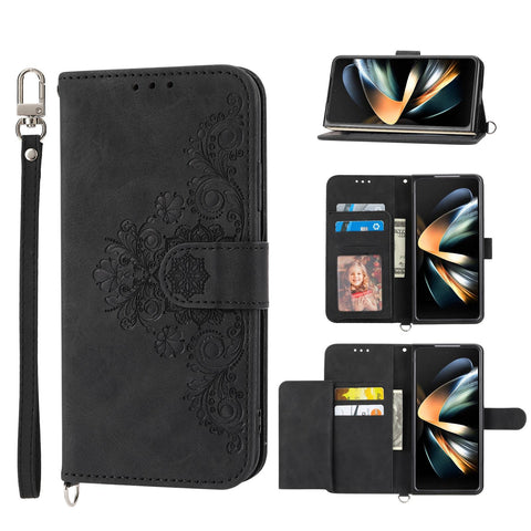 For Samsung Galaxy Z Fold4 5G Floral Leather Phone Wallet Embossed Black Wallets
