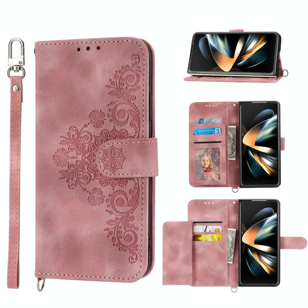 For Samsung Galaxy Z Fold4 5G Floral Leather Phone Wallet Embossed Black Wallets