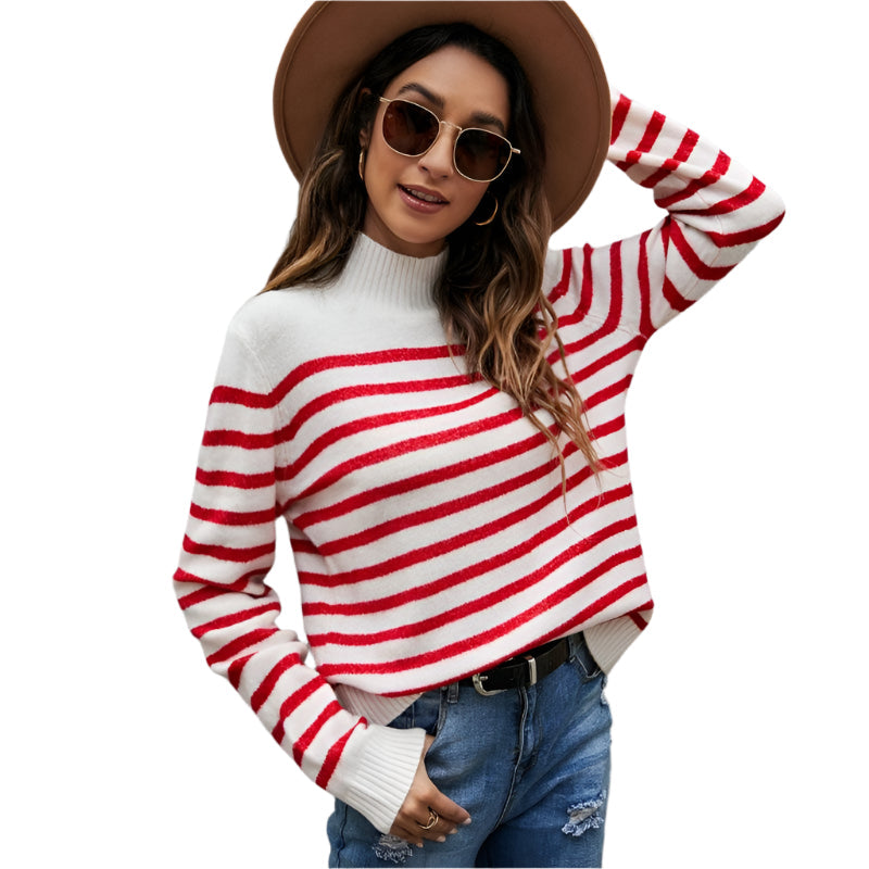 Women Striped Knitwear Loose Stand Up Collar Pullover Sweater Red And White Xl Coats Jackets & Vests