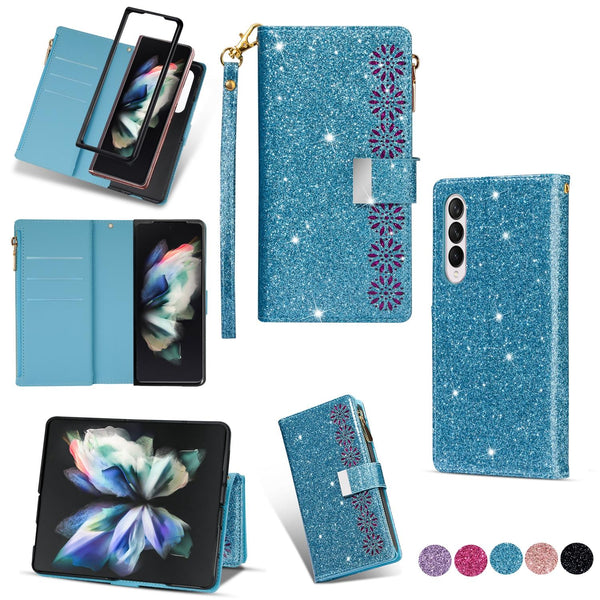 For Samsung Galaxy Z Fold4 5G Sparkling Leather Zip Case Zipper Closure Sky Blue Cases Covers & Skins