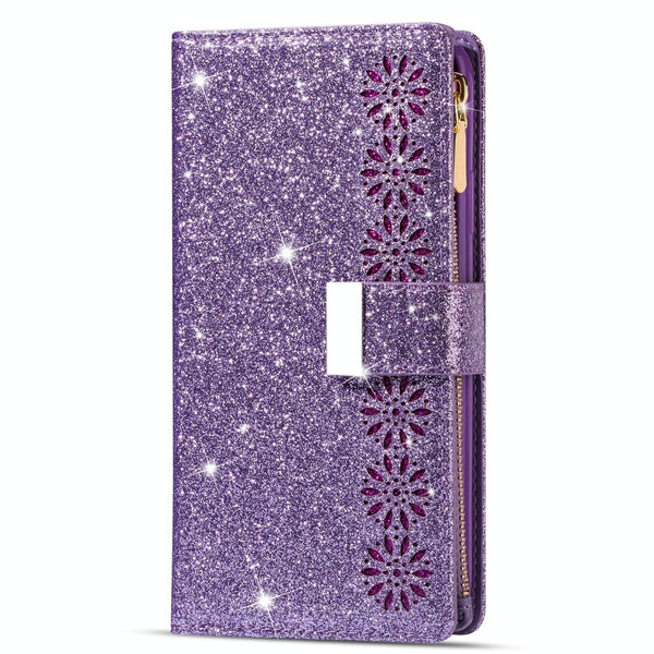 For Samsung Galaxy Z Fold4 5G Sparkling Leather Zip Case Zipper Closure Sky Blue Cases Covers & Skins