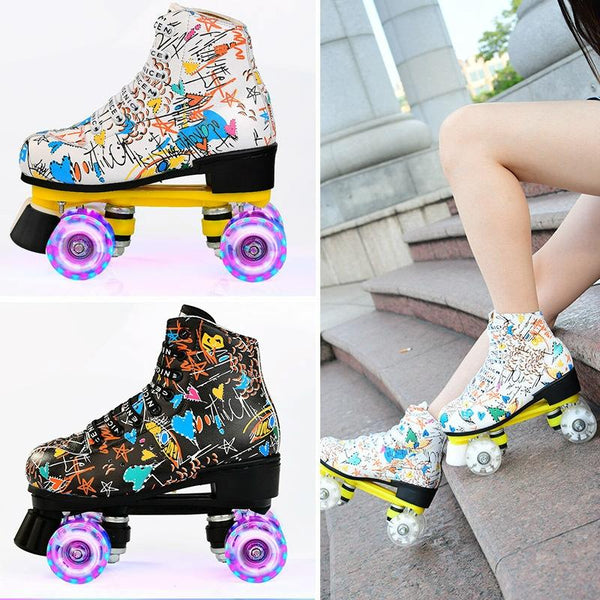 Unisex Graffiti Double Row Size 39 Flash Wheel White Roller Skates
