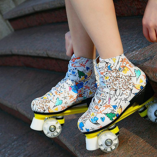 Unisex Graffiti Double Row Size 39 Flash Wheel White Roller Skates