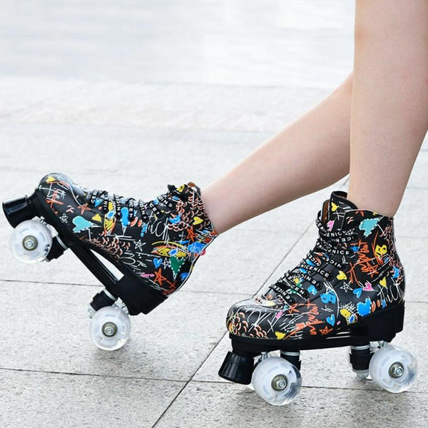 Unisex Graffiti Double Row Size 39 Flash Wheel White Roller Skates
