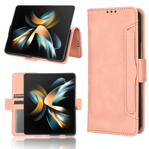 For Samsung Galaxy Z Fold4 5G Leather Phone Case With Card Slots And Calf Texture Pink Cases Covers & Skins