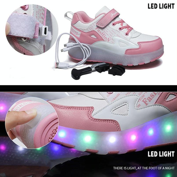 Rechargeable Light Skating Shoes For Kids Two Wheeled Pink Size 33 Roller Skates