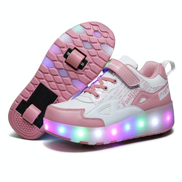 Rechargeable Light Skating Shoes For Kids Two Wheeled Pink Size 33 Roller Skates