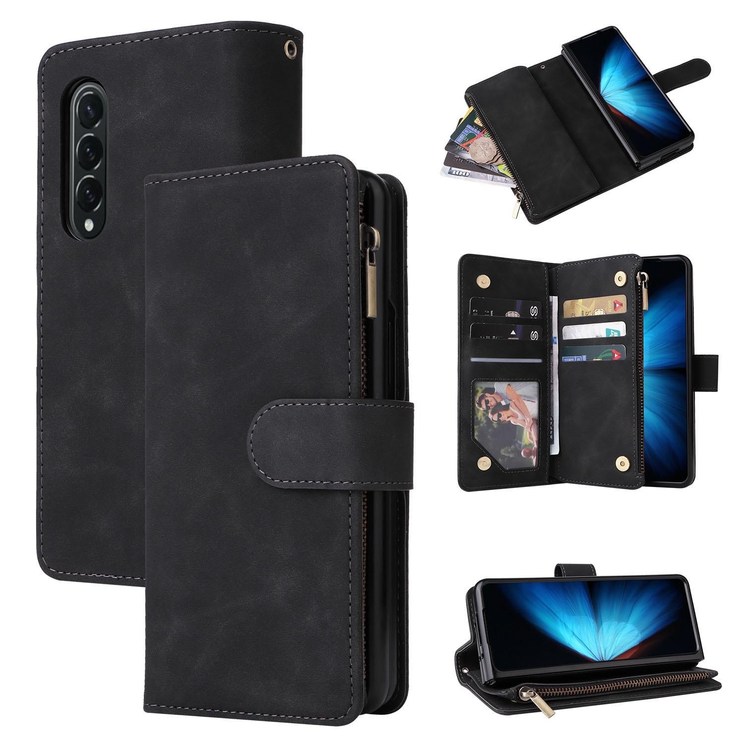 For Samsung Galaxy Z Fold4 5G Frosted Leather Zip Wallet Compact And Stylish Black Wallets