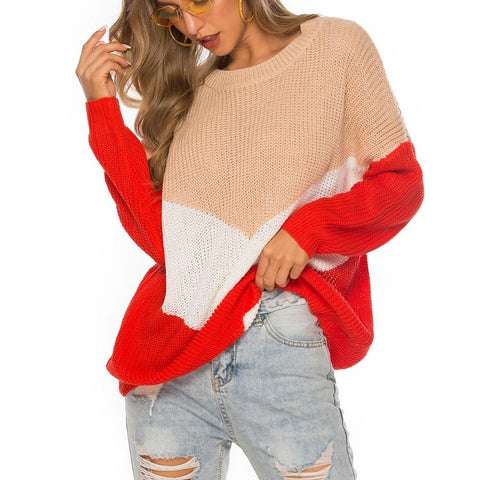Hinged Knit Net Stitching Loose Sweater Round Neck Bottoming Shirt For Women Red Coats Jackets & Vests