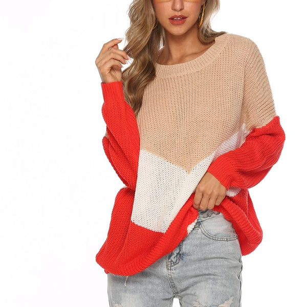 Hinged Knit Net Stitching Loose Sweater Round Neck Bottoming Shirt For Women Red Coats Jackets & Vests