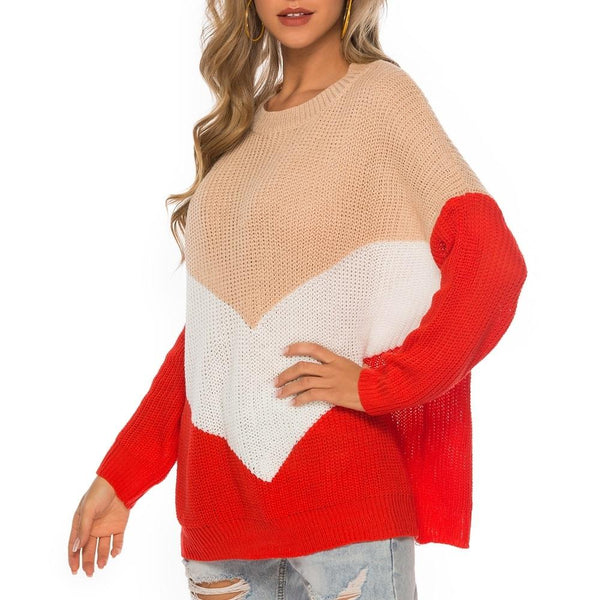 Hinged Knit Net Stitching Loose Sweater Round Neck Bottoming Shirt For Women Red Coats Jackets & Vests