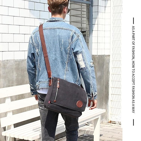 Men Canvas Shoulder Bag Versatile Crossbody Messenger Black Bags