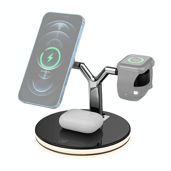 15W 3 In Magnetic Wireless Charger For Phones Watches And Airpods With Led Light Black Chargers & Cradles