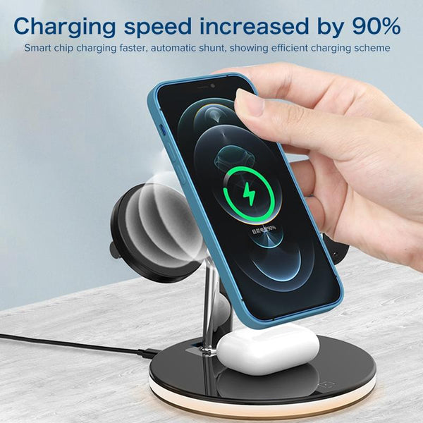 15W 3 In Magnetic Wireless Charger For Phones Watches And Airpods With Led Light Black Chargers & Cradles