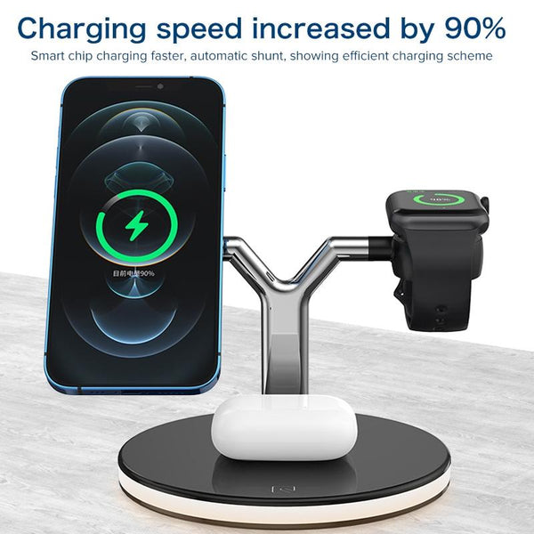 15W 3 In Magnetic Wireless Charger For Phones Watches And Airpods With Led Light Black Chargers & Cradles