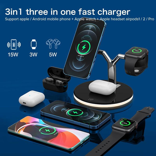 15W 3 In Magnetic Wireless Charger For Phones Watches And Airpods With Led Light Black Chargers & Cradles