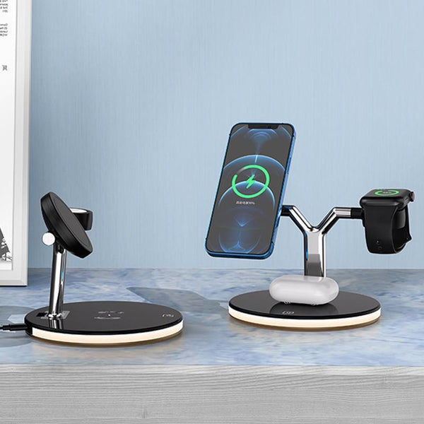 15W 3 In Magnetic Wireless Charger For Phones Watches And Airpods With Led Light Black Chargers & Cradles