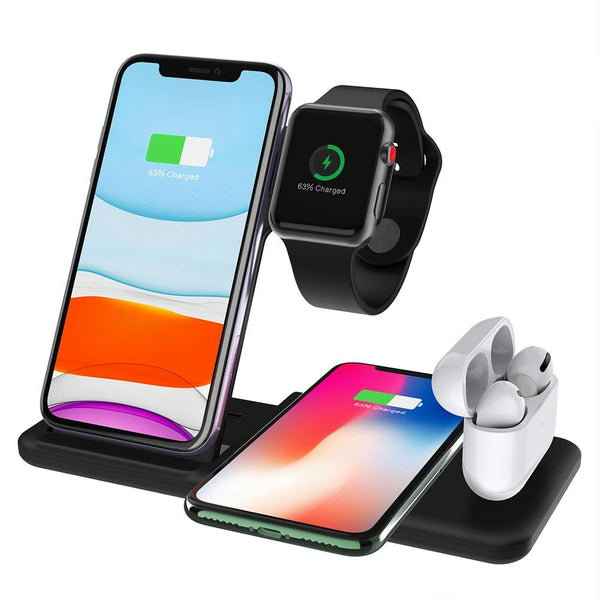 4 In 1 Wireless Charger Stand For Iphone Apple Watch Airpods Dual Phone Charging Black Chargers & Cradles