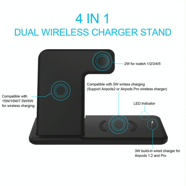 4 In 1 Wireless Charger Stand For Iphone Apple Watch Airpods Dual Phone Charging Black Chargers & Cradles