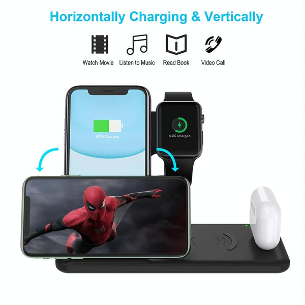 4 In 1 Wireless Charger Stand For Iphone Apple Watch Airpods Dual Phone Charging Black Chargers & Cradles