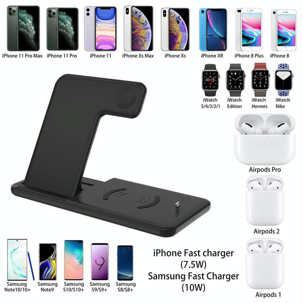4 In 1 Wireless Charger Stand For Iphone Apple Watch Airpods Dual Phone Charging Black Chargers & Cradles