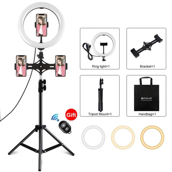 10.2 Led Ring Light With Tripod & Dual Phone Brackets Usb Dimmable Colour Temperature Selfie Remote Black Other Lighting & Studio