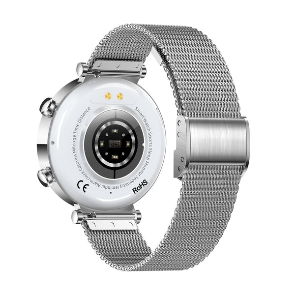 Women Smart Watch With Bt Call Health Tracking And Sos Compact Stylish Silver White Leather Smart Watches