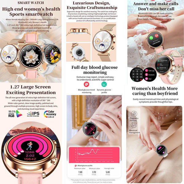 Women Smart Watch With Bt Call Health Tracking And Sos Compact Stylish Silver White Leather Smart Watches