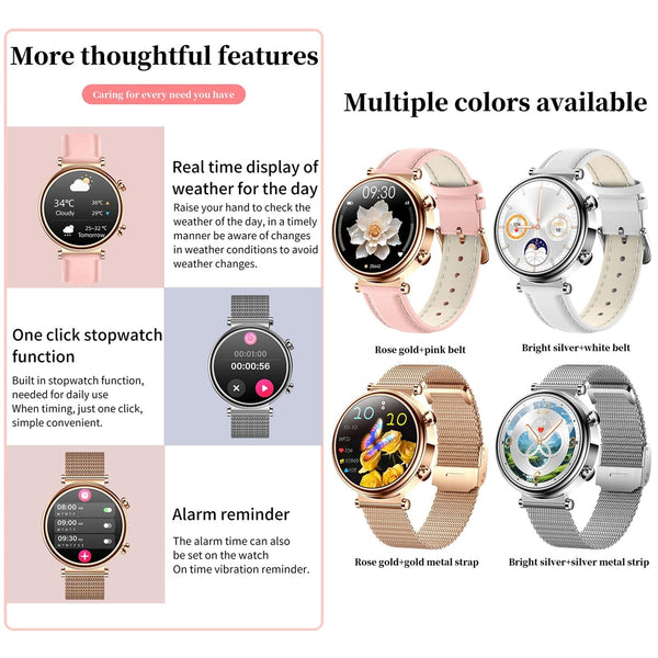 Women Smart Watch With Bt Call Health Tracking And Sos Compact Stylish Silver White Leather Smart Watches
