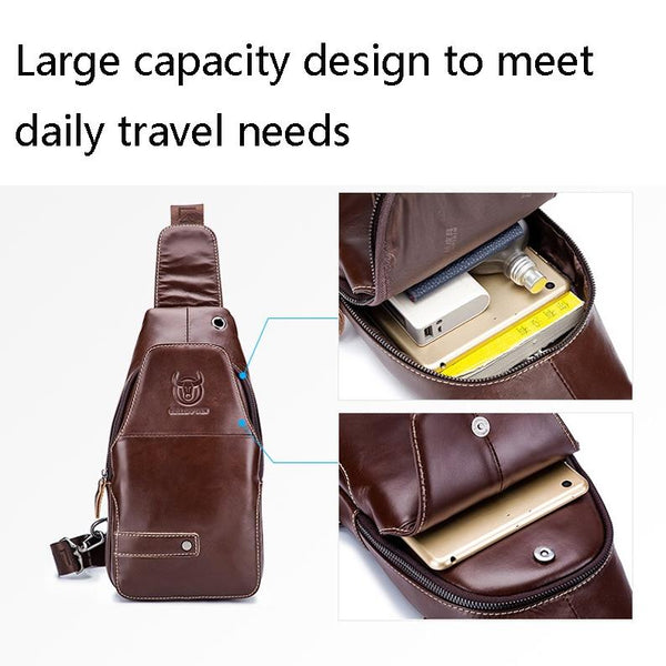 Men Leather Sports Chest Bag First Layer Cowhide Brown Bags
