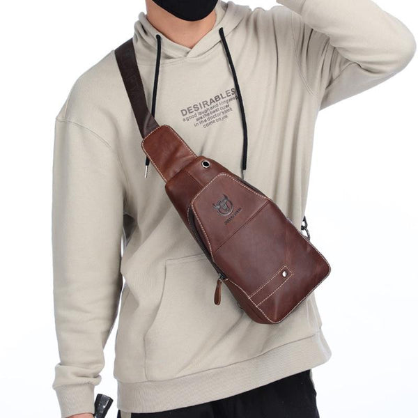 Men Leather Sports Chest Bag First Layer Cowhide Brown Bags