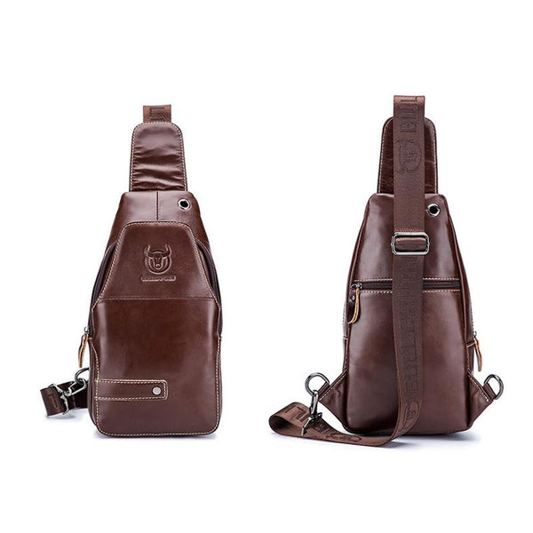 Men Leather Sports Chest Bag First Layer Cowhide Brown Bags