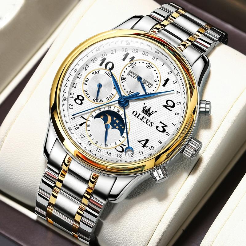 Waterproof Luminous Mechanical Watch For Men Multifunction Steel Band + Gold White Watches